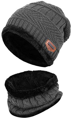 K.tchard Kinder Wintermütze Beanie Hut mit Schal Set Slouchy Strickmütze Warme Knit Skull Cap Fleecefutter Hat 2-8 Jahre