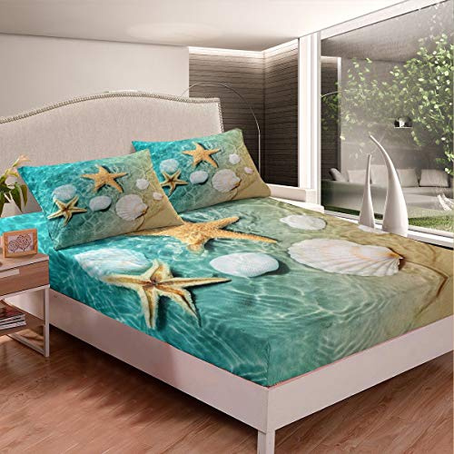 Juego de Ropa de Cama con diseño de océano, Estampado de mar, sábana Bajera Ajustable para niños, niños, niñas, Microfibra, para Verano, Vacaciones, decoración de habitación, tamaño Individual