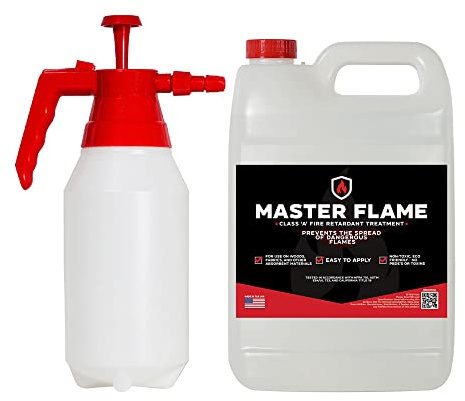 Master Flame Class A Fire Retardant Spray for Wood, Fabric, & More - Non-Toxic Flame Retardant Coating - Meets NFPA 701 & ASTM E84 - Made in USA - Easy to Apply and Dries Clear - Gallon & Pump Sprayer