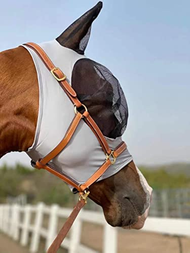 TGW RIDING Häst flugmask super komfort häst flugmask elasticitet flugmask med öron (M, ljusgrå)