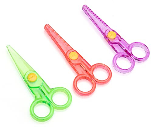 Child-Safe Plastic Scissors Set by Phildim (3 Pack with 3 Different Patterns Straight/Wavy/Zigzag, Rounded-tip, 12.4CM) - 4.9’’ Safety Blunt Pre-School Kids Toddler Training Scissors PD-039-UK-B
