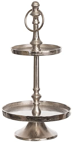 Brandsseller Alzata 2 ripiani in alluminio argento 40 cm – Stile vintage con pomello decorativo – Supporto per torte frutta dolci – Etagère in metallo per cucina tavola eventi