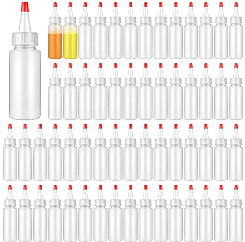 Xinnun 80 Pack 2 oz Plastic Squeeze Condiment Bottles with Red Tip Caps, Small Empty Refillable Bottles for Icing, Sauces, Condiments, Cookie Decorating, Arts, Crafts