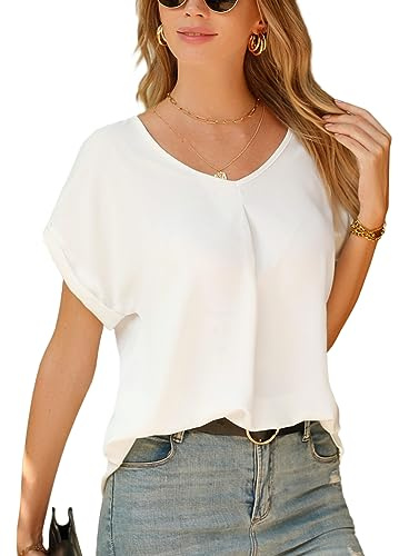 Yuson Girl Camisas Mujer Manga Corta Blusas Mujer Verano con Cuello en V Blusa de Gasa Elegante Blusa Señoras Verano Sexy Tops Informal Camisetas para Mujeres Chicas Adolescentes(Blanco, S)