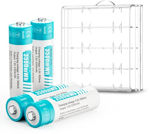czvv Wiederaufladbare Batterien AA Lithium 1,5V - Hoher Kapazität 3500mWh - 1300 Ladezyklen - 4 Stück Akkus, Schnellladung, Geringe Selbstentladung, Konstanter Ausgang für Blink, Alarm, Fernbedienung