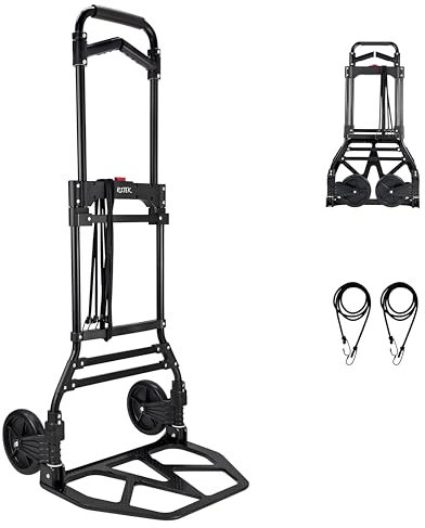RJTEK Robuste faltbare Sackkarre, Tragkraft von 180 kg, tragbarer beweglicher Rollwagen mit Teleskopgriff, schwarz, inklusive 2 elastischen Seilen und großen Rädern