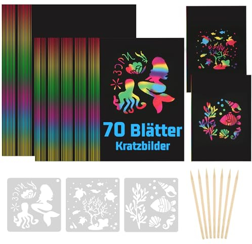 70 Blätter Kratzbilder für Kinder, Regenbogen Kratzpapier mit 7 Holzstifte und 3 Malschablonen, DIY Magic Scratch Book, Kratzpapier Set für Erwachsene Jungen Mädchen Zeichnen und Basteln