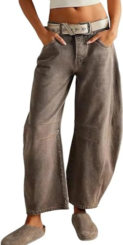 AALLYN Jeans pour Femme - Taille Moyenne - Pantalon à Jambe Large - Jean Boyfriend pour Femme - Rétro - Denim - Baggy - Vintage - Fer à Cheval - Jeans Barrel - Jeans 7/8 pour (Size:Petit,Color:Café)