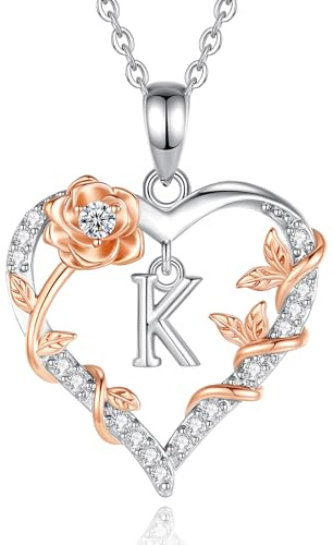 EUDORA Harmony Ball Rose Heart Initial K Necklace for Women Letter K Alphabet Initial Necklaces Copper Rhodium Plated Pendant with Cubic Zirconia, Initials Jewelry Gifts for Women Wife 18