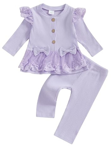 Geagodelia Toddler Baby Girl Fall Winter Outfits Ruffled Long Sleeve Lace/Striped/Polka Dot Print Sweatshirt Ribbed Shirts Top with Long Pants 2Pcs Clothing Set for Little Girls