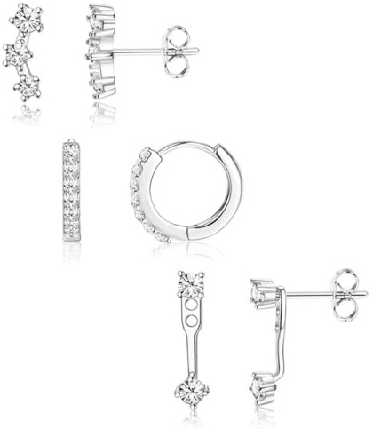 ZILZUFA 3 Pares Pendientes Mujer Plata de Ley 925 Pendientes Pequeños Circonita Pendientes Aro Juego para Múltiples Piercings Pendientes de Plata Mujer