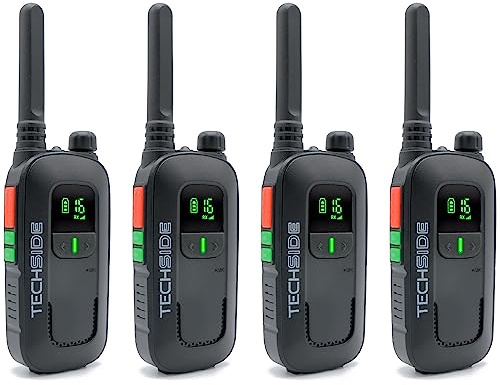 Techside TS-T2 Professionell Walkie Talkie med 16 PMR446-kanaler (Licensfri Användning) | VOX med 5 Nivåer | Automatisk Kanalsökning | Hörsnäcka och USB-laddare Fullt Utrustad | Set om 4 Enheter