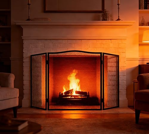 Kingson Paravento per camino ad arco a 3 pannelli – Parafiamme in ferro battuto nero – Schermo di sicurezza antincendio pieghevole con rete decorativa – 96,5 x 61 cm