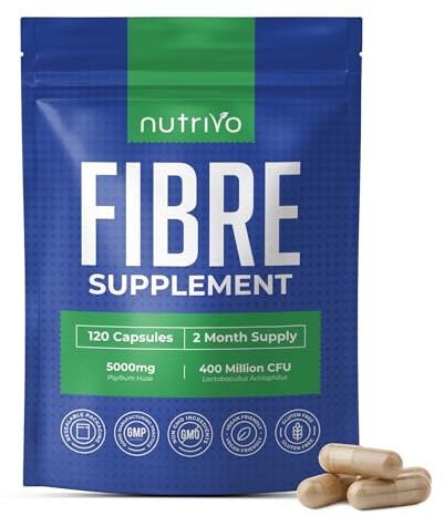 Fibre Supplement - Psyllium Husk 5000mg (500mg of 10:1 Extract) & Probiotic 400 Million CFU Lactobacillus Acidophilus – Digestive, Gut Health Support & Stool Softener -120 Psyllium Husks Capsules