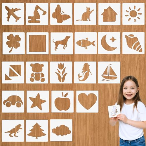 Set di 24 stencil per bambini con cartoni animati, riutilizzabili, per neonati e bambini, facile da disegnare, animali, auto, piante, tempo, scrapbooking, biglietti regalo (12,8 x 12,8 cm)