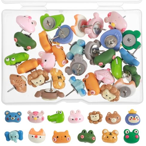 30 Pcs Fun Animals Push Pins, 15 Pattern Cute Push Pins for Cork Board Accessories, Decorative Pushs Pin for Photo Wall Map Office Home Decor, Thumb Tacks for Bulletin Board