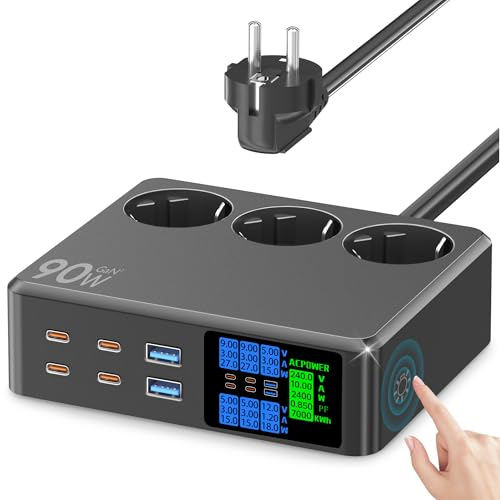 CKCN Ciabatta Multipresa con USB C 6 Porte (90W), Presa Multipla 2500W con Schermo LED Salvaspazio Ciabatta Elettrica Multipresa con Stazione Ricarica USB Multiplo PD Prolunga Elettrica 1.2M, Nero