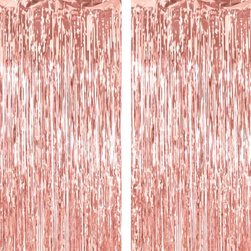 2 Pack Thickened Rose Gold Metallic Foil Fringe Curtains Streamer Rip Resistant Shimmer Tinsel Photo Booth Backdrop for Birthday Wedding Christmas Bachelorette Party Decorations 3.28ft x 6.56ft