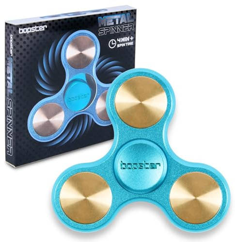 bopster Spinner de metal | Spinner tri-fidget portátil para niños y adultos | 4+ minutos de tiempo de giro, 73 g | Juguete de escritorio liso para el manejo del estrés, concentración | Azul