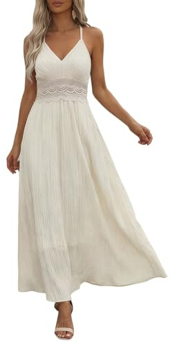 Générique Robe d'été Femme bohème élégante Grande en Dentelle Fluide à Fines Bretelles (Beige, M)