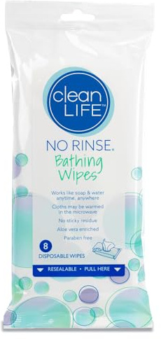 Cleanlife No-Rinse Bathing Wipes - 8 Disposable Body Wipes | Cleansing Bath Wipes for Adults, Elderly, Camping, Hospital | Rinse Free Personal Care for Travel, Bedridden, Dementia
