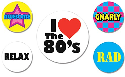 Beistle 5 Piece I Love The 80’s Party Buttons 1980's Theme Gnarly Rad Retro Wearable Accessories