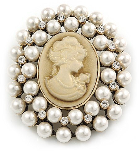 Spilla da donna in stile vittoriano, con cammeo e perle sintetiche, color oro antico - 55 mm