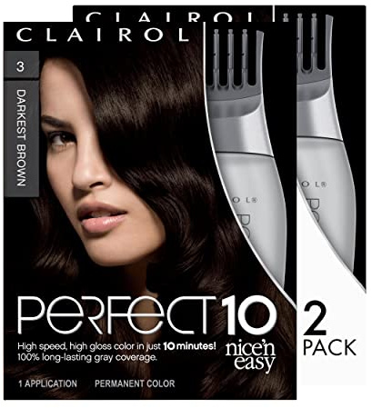 Clairol Nice'n Easy Perfect 10 Permanent Hair Dye, 3 Darkest Brown Hair Color, Pack of 2