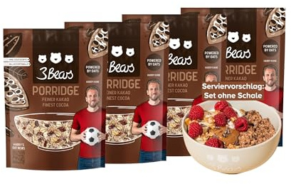 3Bears Porridge Cacao – pacchetto con 4 confezioni (4 x 400g). Con chicchi di cacao e senza zuccheri aggiuntivi. Fiocchi d’avena naturali per colazione