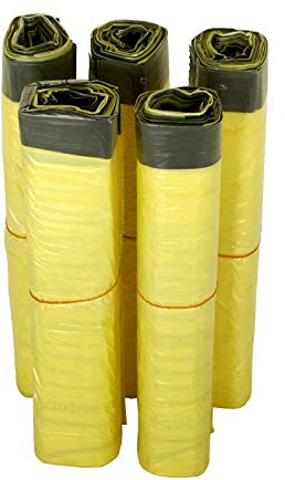 KK Verpackungen® Gelber Sack | 5 Rollen mit jeweils 13 gelben Säcken | 65 Wertstoffsäcke nach Dualem System Deutschland mit Zugband | Müllbeutel mit 90 L Volumen & aus LDPE-Folie