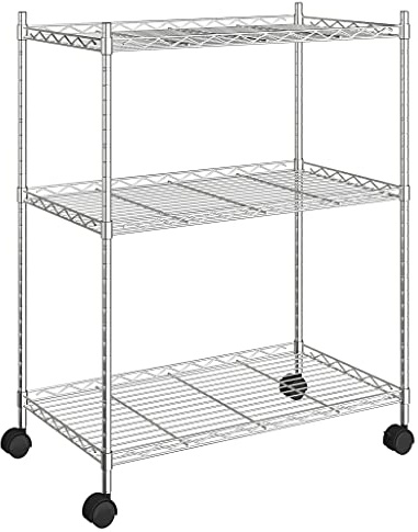 vidaXL Lagerregal mit 3 Böden und Rollen, Regal für Küche Keller Badezimmer, Standregal mit viel Stauraum, Küchenregal Schwerlastregal Kellerregal, Verchromt