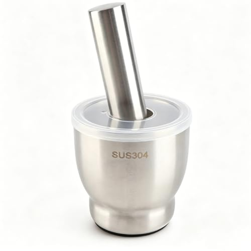 Mortero y Maja de Acero Inoxidable con Tapa de Silicona, Triturador de Ajo, Especias y Hierbas, Juego de Molinillo Manual con Base Antideslizante, Diseño Ergonómico para Cocina, Fácil de Limpiar