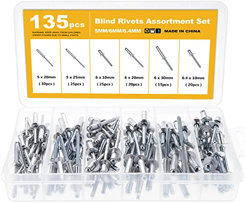 Knpwer 445 Pcs Rivets Aveugles en Aluminium,6 Tailles Assortiment de Rivets Pop,Rivets Pop pour Métal (135 Pcs, 6 Sizes)