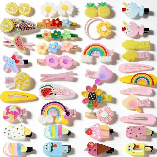 38pcs Girls Hair Clips, BetterJonny Fully Lined Cute Hair Clips Set Rainbow Flowers Candy Cartoon Fruit Dessert Barrettes for Toddlers Girl Teens Kids