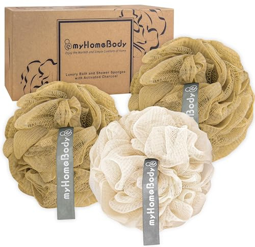 myHomeBody Esponja de lufa de 60g, exfoliante corporal, esponja de baño, Esponja Exfoliante - Puf de Ducha con Carbón Activado - 2 Caramel + 1 Oat Milk, Paquete de 3