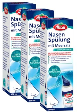 Abtei Nasen Spülung mit Meersalz - Isotonisches Nasenspray mit Meerwasser - bei Erkältung, Allergie und zur täglichen Nasenhygiene - 1 x 100 ml (Packung mit 3)
