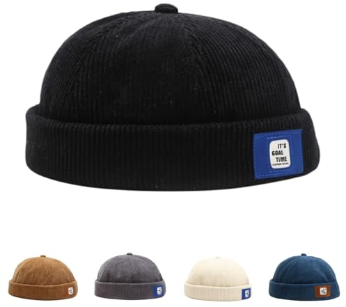 HINGTAT Docker keps hattar för män dödskallemössa mössa arbetare sjöman keps kantlös keps rullad manschett retro mode brättlös hatt med justerbar, 03-svart, one size