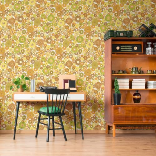 A.S. Création Retro Chic 395355 Papier peint intissé Motif floral Jaune Vert Marron Orange Crème 8,50 x 0,53 m Fabriqué en Allemagne