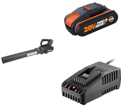 WORX WG547E Akku-Laubbläser Turbine 20V - höhe Leistung mit Turbinen-Technologie - Zwei Geschwindigkeitsstufen bis zu 120 km/h - ergonomische Einhandbedinung – inkl. 2Ah Akku und Ladegerät