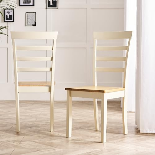 Furniturebox UK Wood Dining Chairs - Whitby Cream Wooden - Pale Oak Stain Seat - Modern Traditional Farmhouse Style - Solid Rubberwood Pair