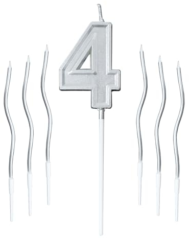 Geburtstagskerzen Silber Geburtstagskerzen für Torte Geburtstagskerzen Zahlen Kerze Geburtstag für Geburtstagsdeko Geburtstagskerze Mit Haltern Für Dekorative Geburtstag, Hochzeit, Party (Nummer 4)