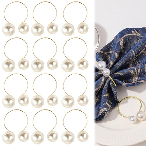 Rierousy 12 Napkin Rings Serviettenringe Gold, Serviettenschnalle mit Perlen,Serviette Buckles Rings for Table Decoration für Weihnachten Tischdekoration Hochzeit Party Jubiläum Geburtstag