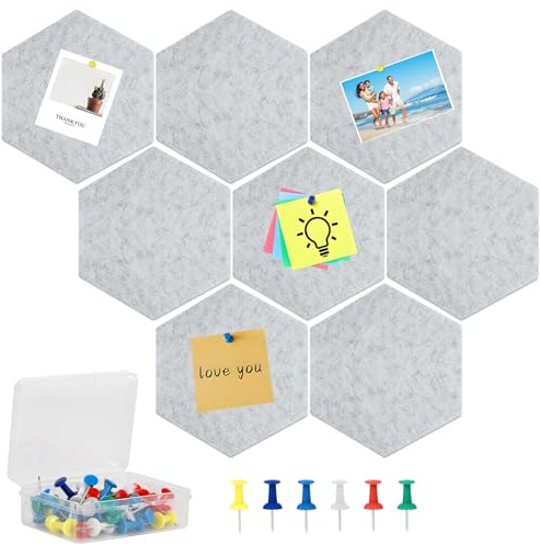 DBREAKS Tableau Hexagonal Liège Mural, 8 Pièces, Gris, avec 50 Broches, Plaque de Liège, pour Suspension de Photos, Décoration Murale