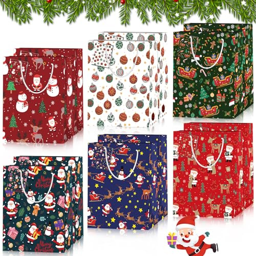 ZZXLOPEZ 12 Pezzi Sacchetti Regalo di Natale, Borse di Carta Kraft Con Maniglia, Doni Originali Con Stampe Assortite, Articoli per Feste