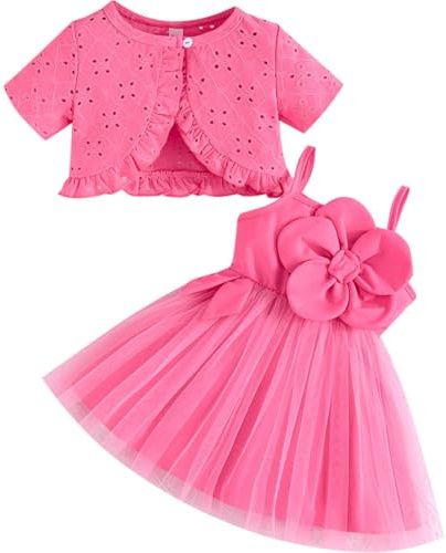 Yaopelky - Abito Tutu per Bambina, 2 Pezzi, Cardigan per Bambina in Tulle, Vestito Estivo per Bambina, Completo per Battesimo e Feste da Principessa, Pesca, 3-4 Anni