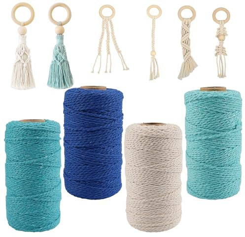 4 Piezas Cuerda Macrame 2mm X 200m, Macrame Cuerda 100% Algodón Naturalpara la Artesanía, Hogar Decoracion Bohemia, Cuerdas Urdimbre Macrame Hilado, Hilo Macrame para Manualidades, Colgar Pared