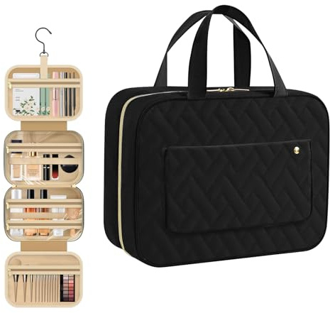 Feirdhoo Neceser Grande Viaje, Neceser Desplegable Viaje Mujer, Bolsa Aseo Mujer con Gancho, Bolsa de Maquillaje con 4 Compartimentos Transparentes, Fácil de Transportar