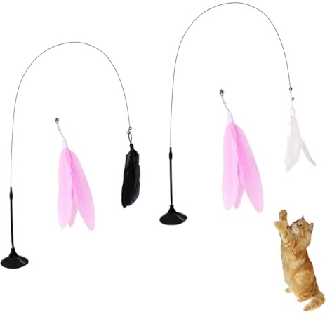 MUNZE 2 Ensembles De Jouets Pour Chat En Plumes Avec Ventouses, 4 Plumes Gratuites, Jouet Chat Interactif, Canne À Pêche Pour Chaton, Jouets D'Intérieur Pour Chats,Jouets Intelligence Chat Baguette.