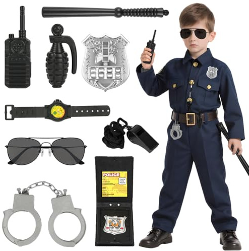 Alaoo Kit de Accesorios de Policía, 9 PCS, Incluye Gafas, Silbato, Reloj, Porra, Granada, Esposas, Placa de Policía, Walkie-Talkie, para Niños, Halloween, Fiesta, Carnaval, Juego de Roles