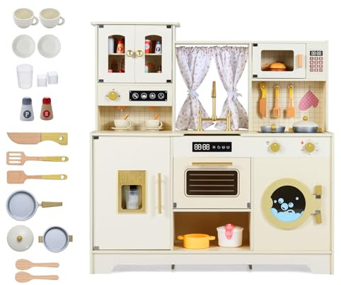 Costzon Kids Play Kitchen, Wooden Toy Kitchen Playset w/Ice Maker, Coffee Maker, Washing Machine, Curtain, Microwave & Oven, Pretend Toy Kitchen w/Storage for Boys and Girls Aged 3+